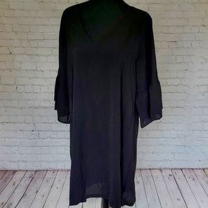 NEW Belongsci Women's XL V-Neck Bell Sleeve Shift Mini Dress, Black